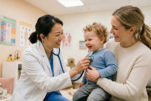 A smiling medical provider uses a stethoscope to examine a laughing toddler held by his mother.